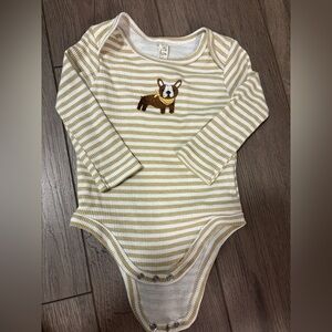 Striped Beige and White Baby Bodysuit with Dog Design